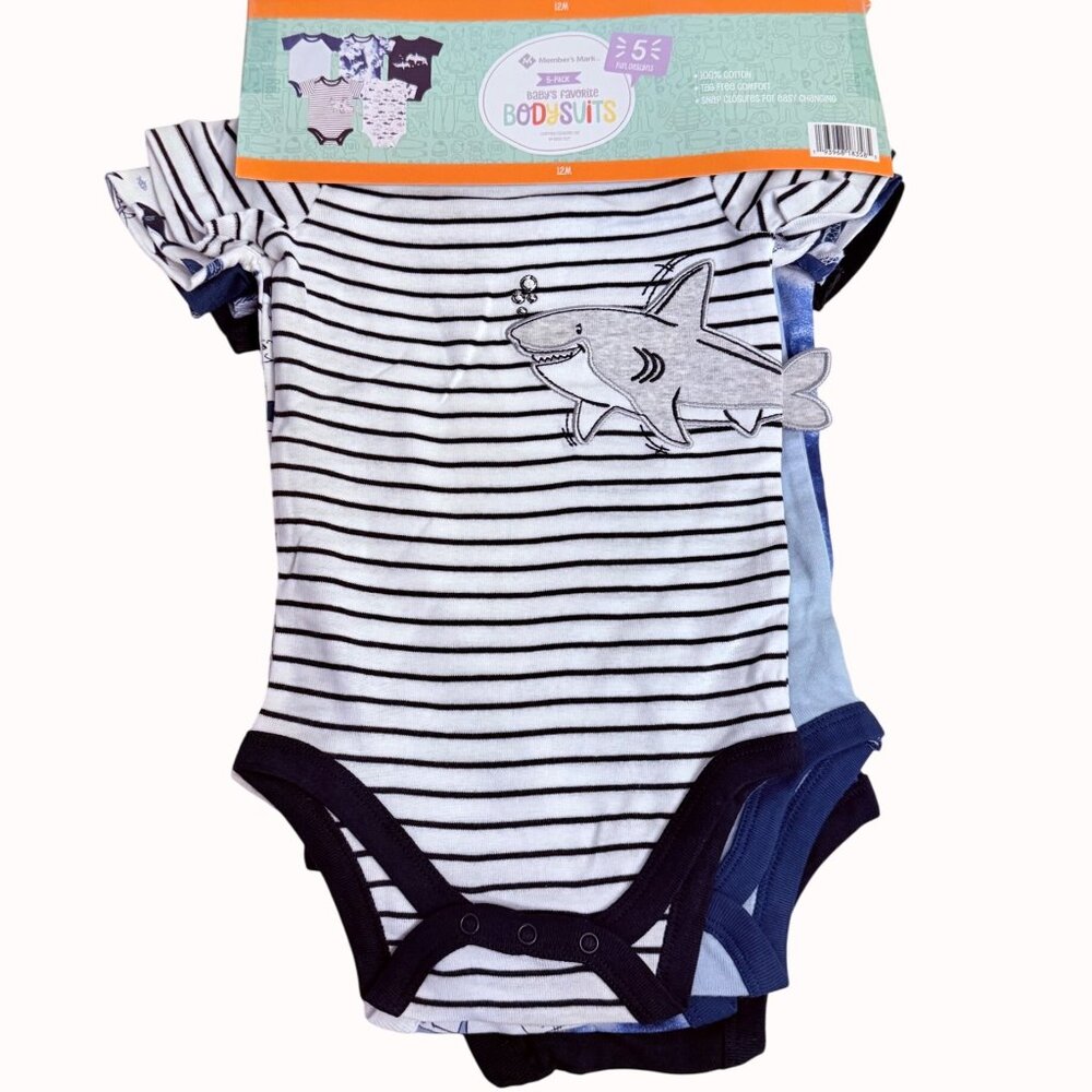 Babys Favorite Bodysuits Sharks Set of 5 Size 12M Cotton Snap Closure Baby Boy